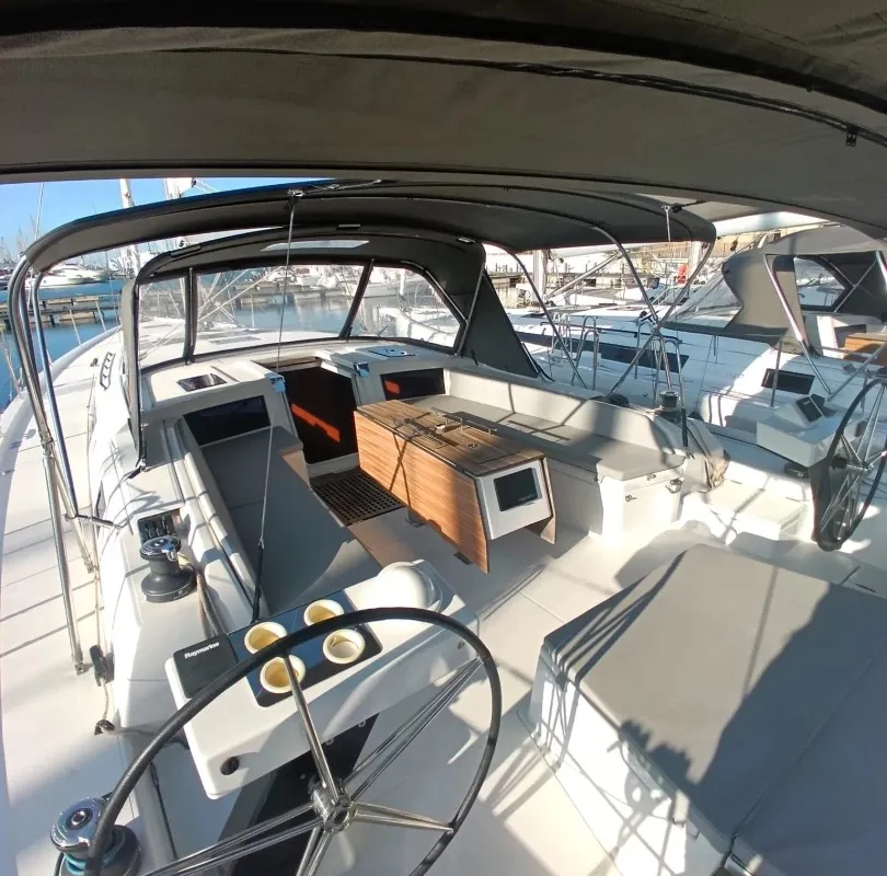 Cockpit of Tano, a Dufour 530 sailboat at Cagliari, Italy