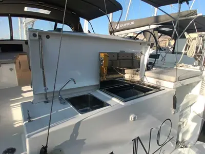 Deck of Tano, a Dufour 530 sailboat at Cagliari, Italy