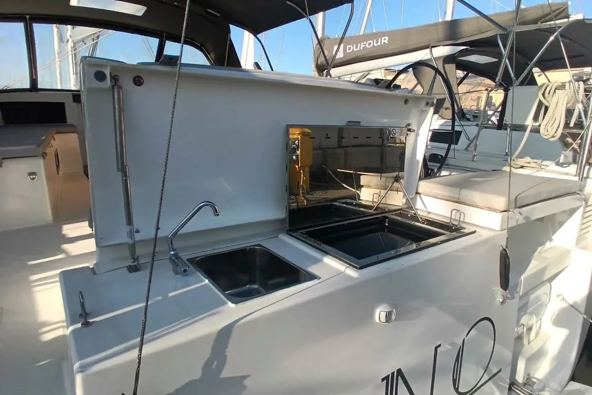 Deck of Tano, a Dufour 530 sailboat at Cagliari, Italy