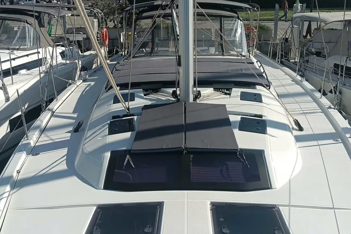 Deck of Tano, a Dufour 530 sailboat at Cagliari, Italy