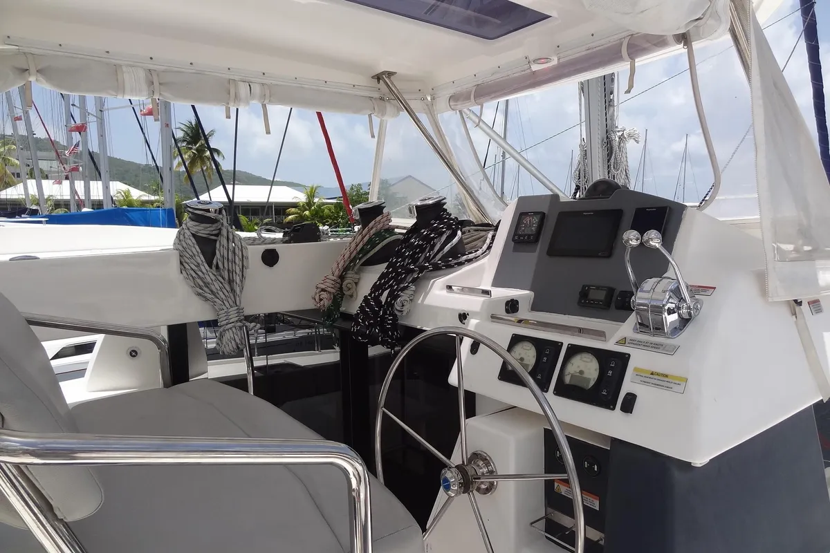 Cockpit of Diamond Girl, a Beneteau Moorings 5000 catamaran at Road Town, British Virgin Islands