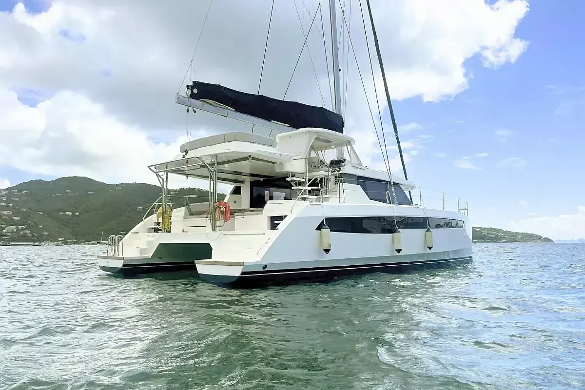 Exterior view of Diamond Girl, a Beneteau Moorings 5000 catamaran at Road Town, British Virgin Islands