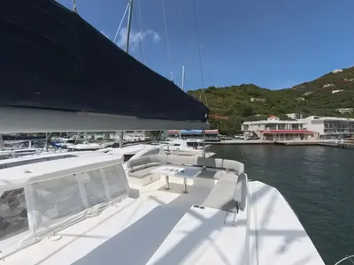 Deck of Diamond Girl, a Beneteau Moorings 5000 catamaran at Road Town, British Virgin Islands