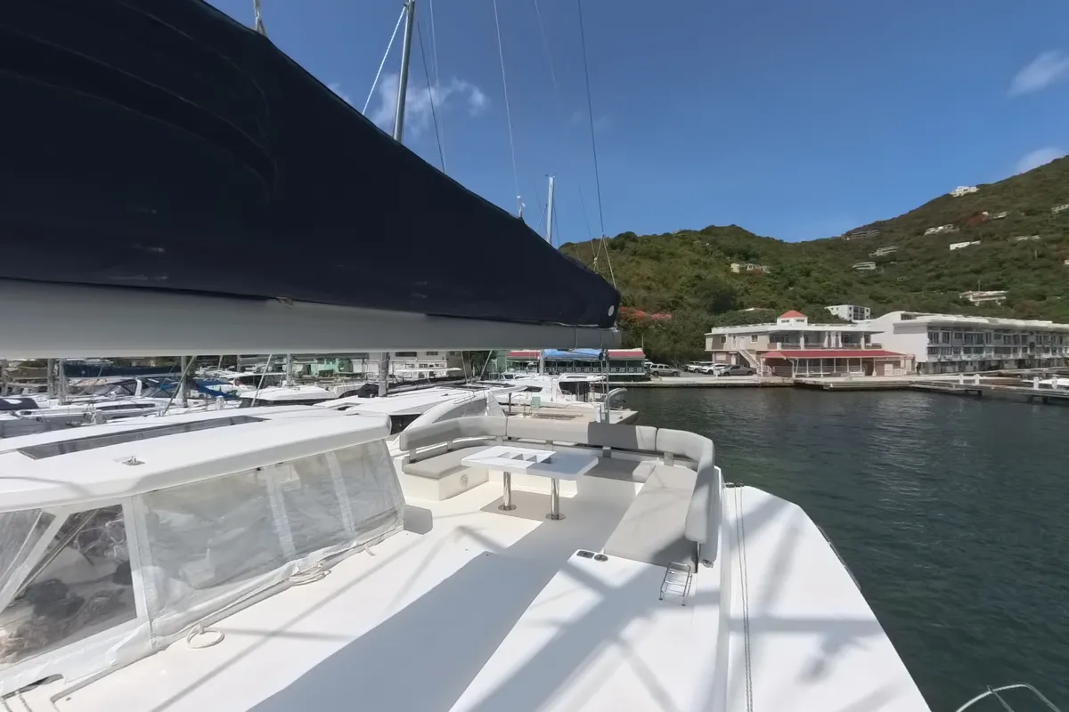 Deck of Diamond Girl, a Beneteau Moorings 5000 catamaran at Road Town, British Virgin Islands