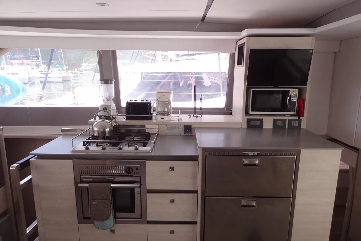 Galley of Diamond Girl, a Beneteau Moorings 5000 catamaran at Road Town, British Virgin Islands