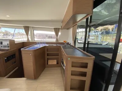 Galley of Blue Eyes, a Lagoon 42 catamaran at Olbia, Italy
