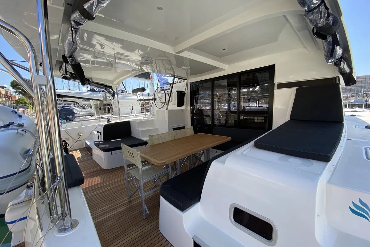 Deck of Blue Eyes, a Lagoon 42 catamaran at Olbia, Italy