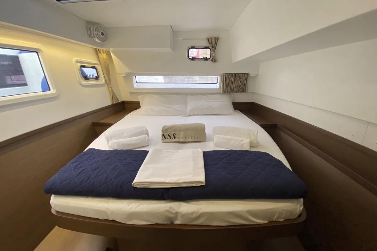 Cabin on Blue Eyes, a Lagoon 42 catamaran at Olbia, Italy