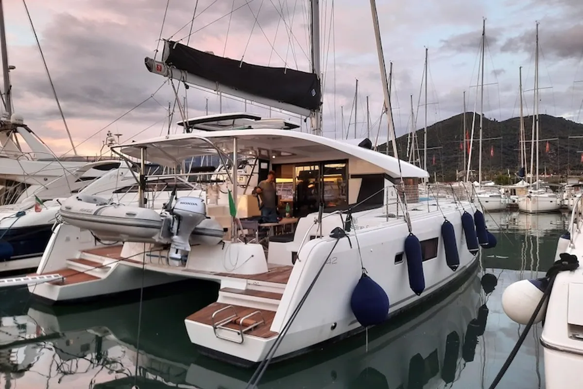 Exterior view of Blue Eyes, a Lagoon 42 catamaran at Olbia, Italy