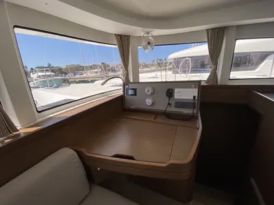 Cockpit of Blue Eyes, a Lagoon 42 catamaran at Olbia, Italy