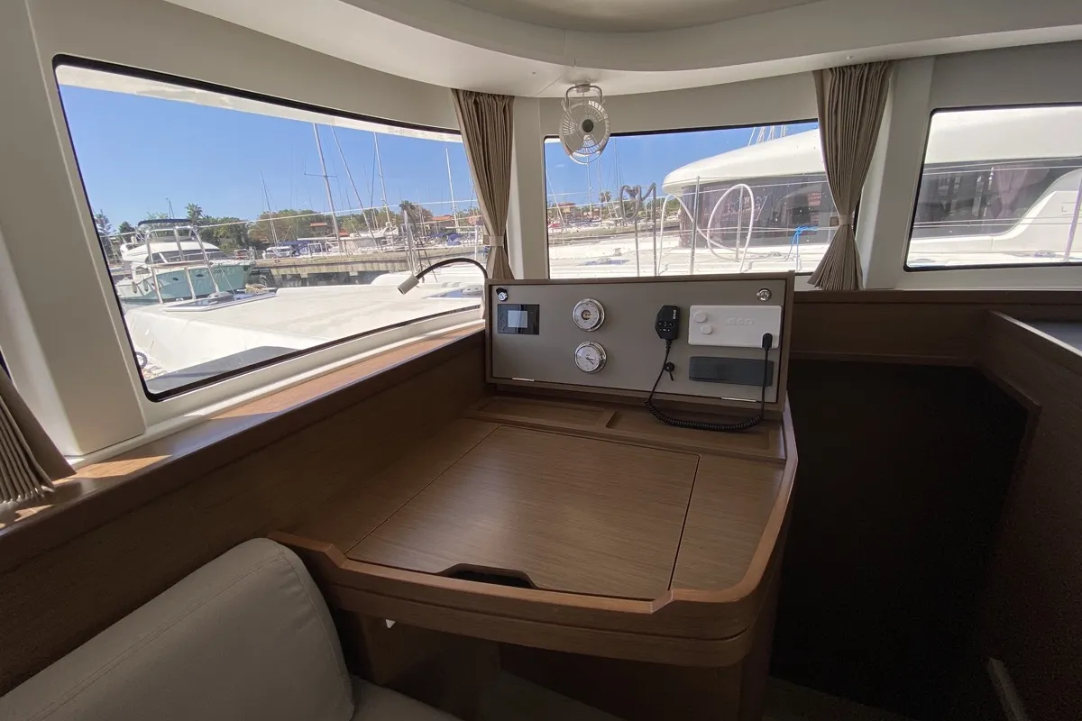 Cockpit of Blue Eyes, a Lagoon 42 catamaran at Olbia, Italy