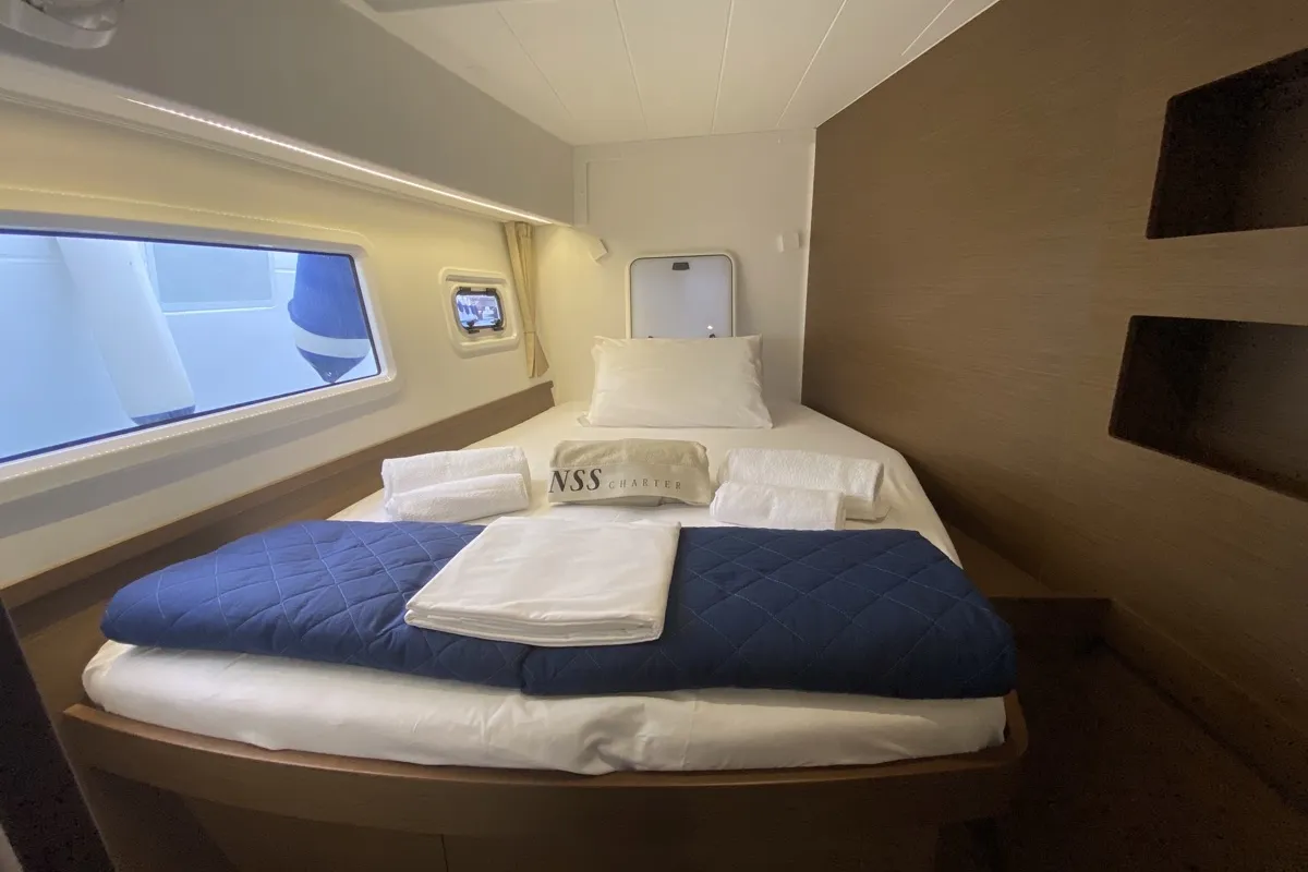 Cabin on Blue Eyes, a Lagoon 42 catamaran at Olbia, Italy