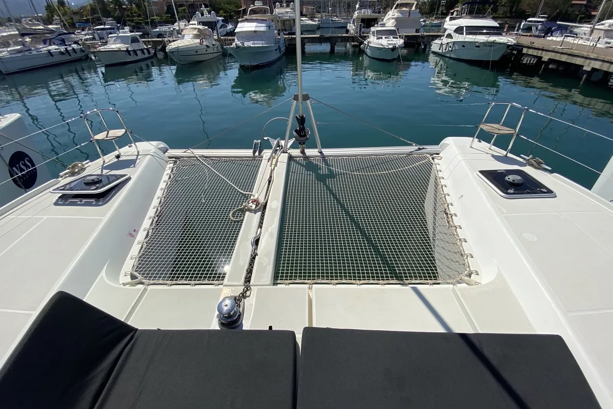 Deck of Blue Eyes, a Lagoon 42 catamaran at Olbia, Italy