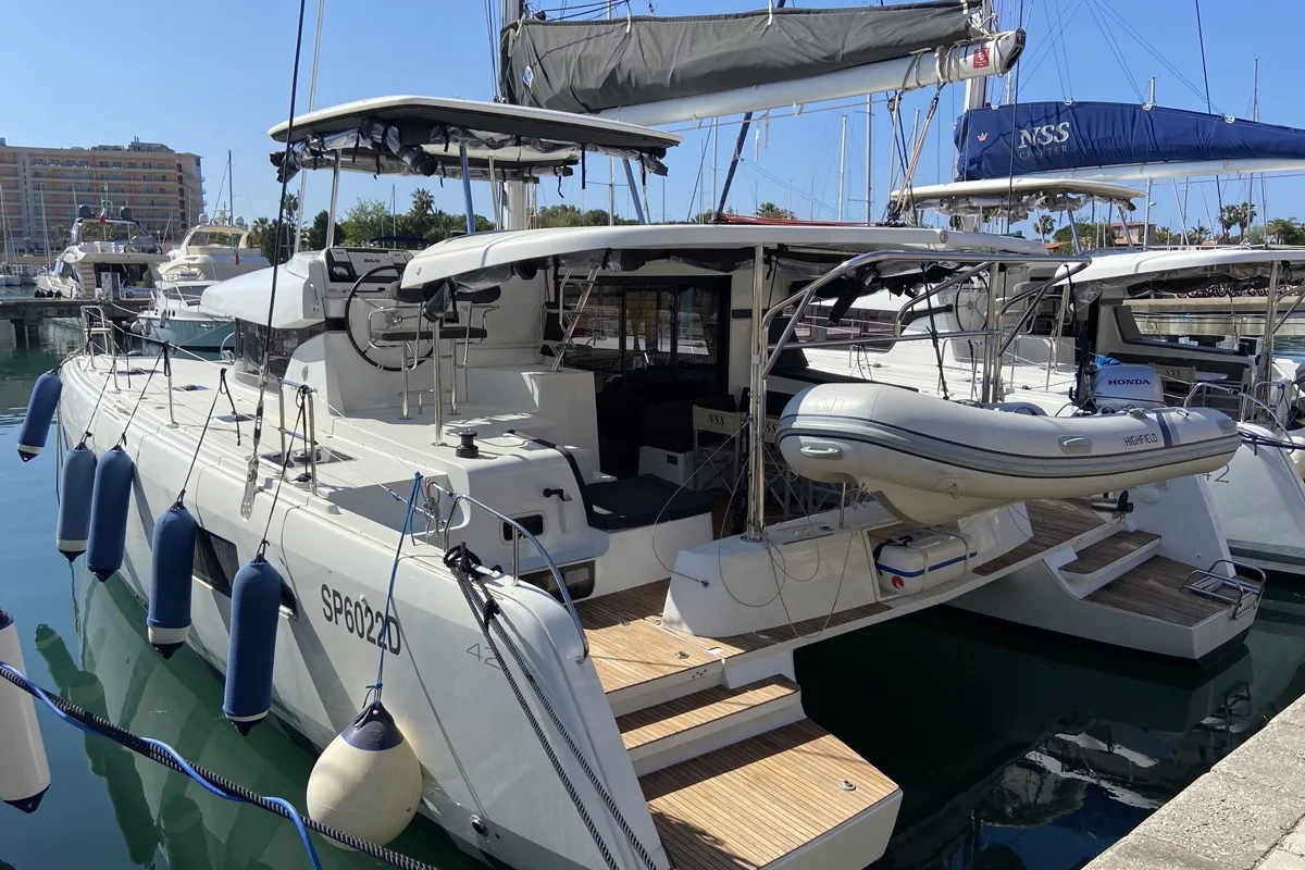 Exterior view of Blue Eyes, a Lagoon 42 catamaran at Olbia, Italy