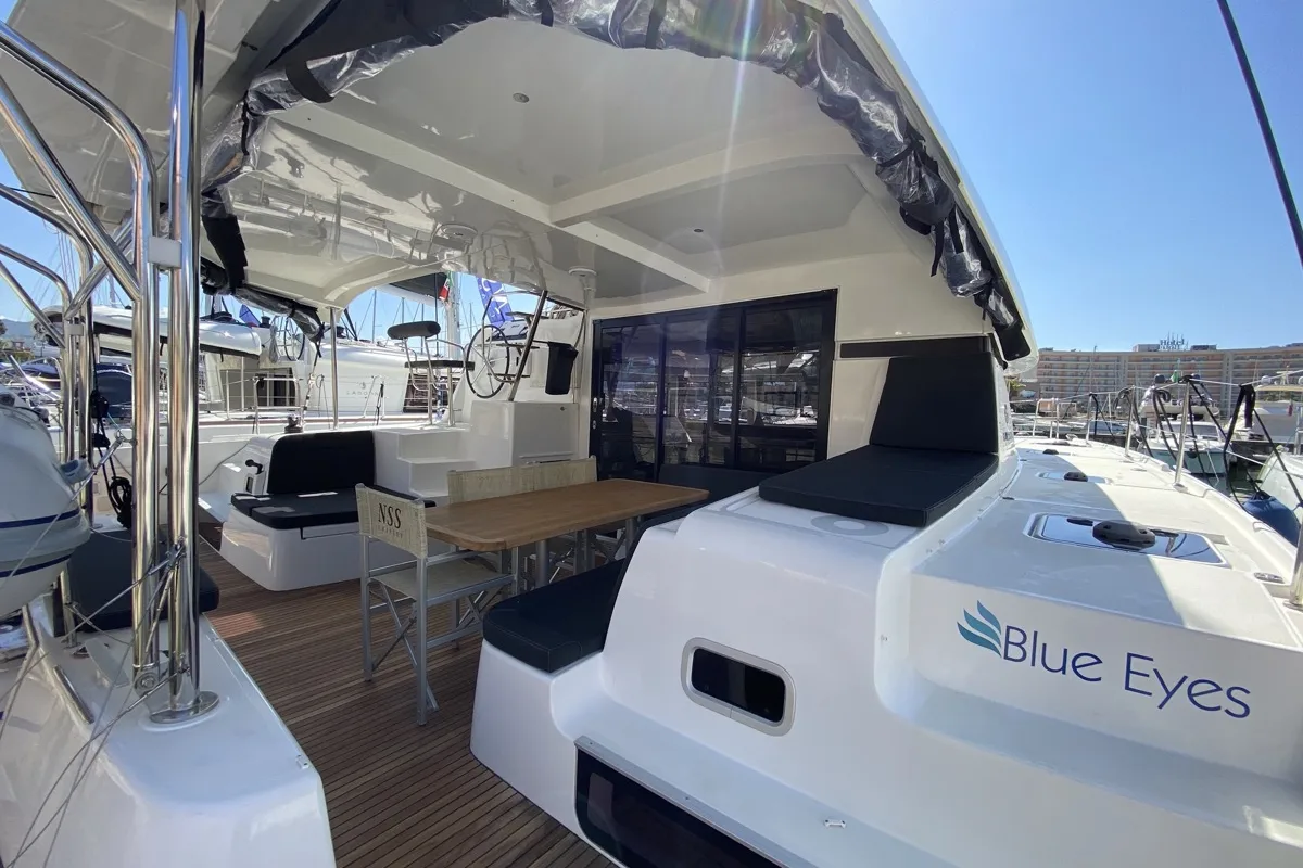 Deck of Blue Eyes, a Lagoon 42 catamaran at Olbia, Italy