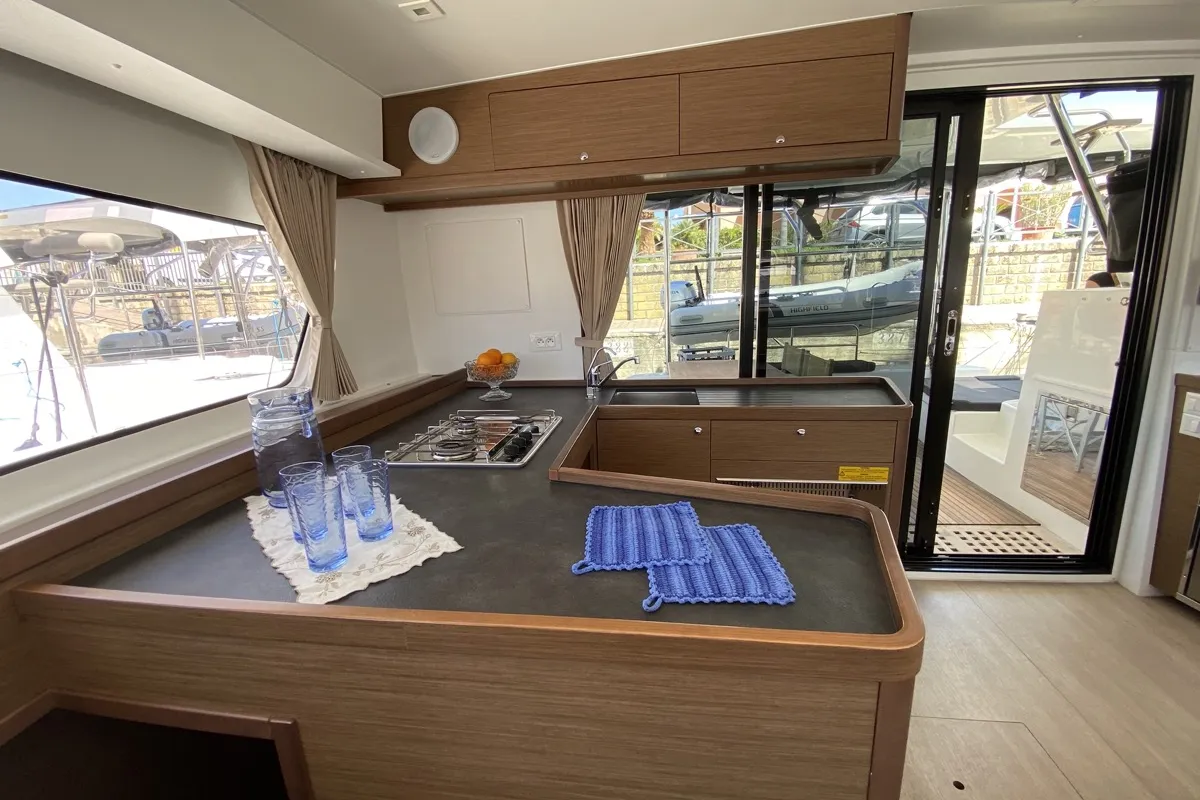 Galley of Blue Eyes, a Lagoon 42 catamaran at Olbia, Italy