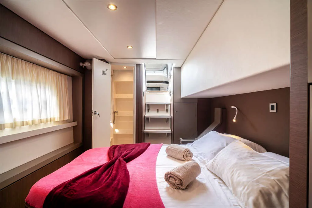Cabin on Arianna, a Bali 4.8 catamaran at Olbia, Italy