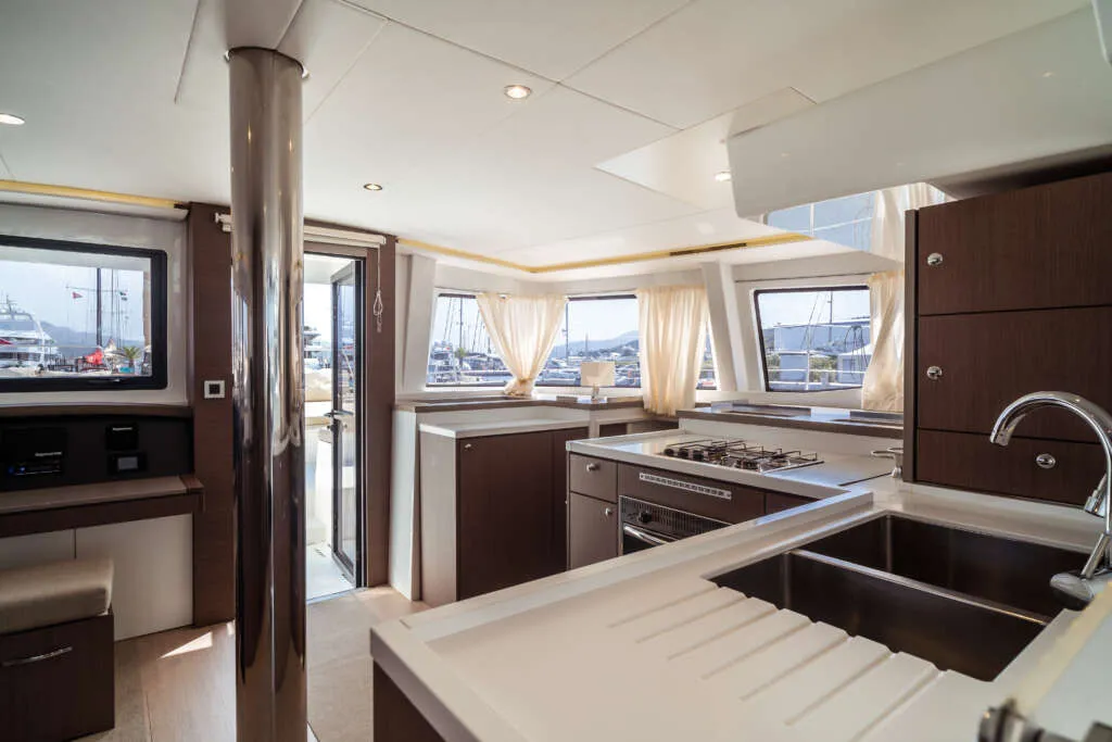 Galley of Arianna, a Bali 4.8 catamaran at Olbia, Italy