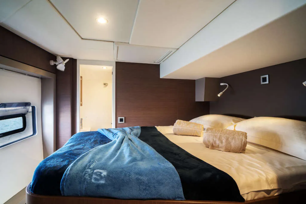 Cabin on Arianna, a Bali 4.8 catamaran at Olbia, Italy