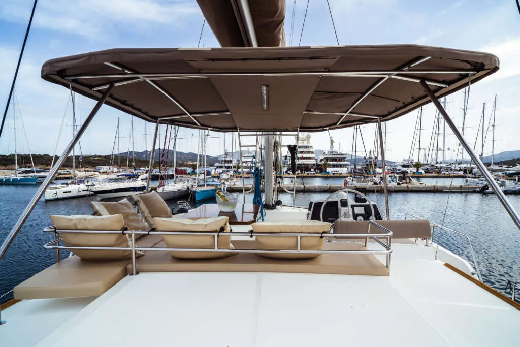 Deck of Arianna, a Bali 4.8 catamaran at Olbia, Italy