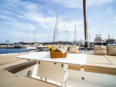 Deck of Arianna, a Bali 4.8 catamaran at Olbia, Italy