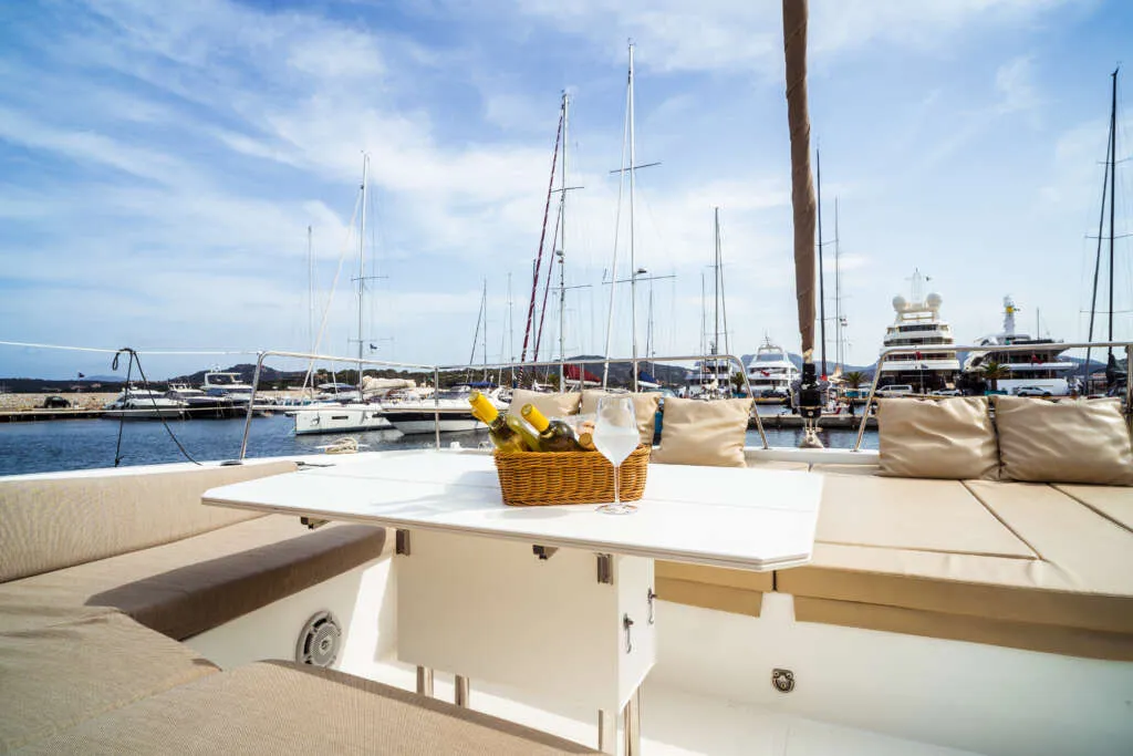 Deck of Arianna, a Bali 4.8 catamaran at Olbia, Italy