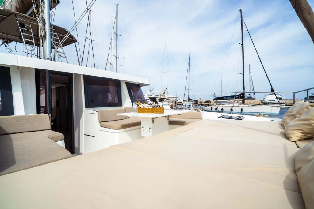 Deck of Arianna, a Bali 4.8 catamaran at Olbia, Italy
