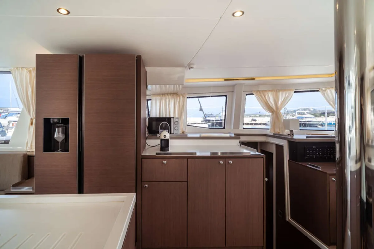 Galley of Arianna, a Bali 4.8 catamaran at Olbia, Italy