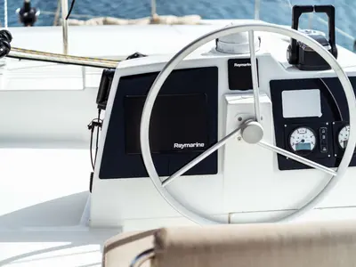 Cockpit of Arianna, a Bali 4.8 catamaran at Olbia, Italy