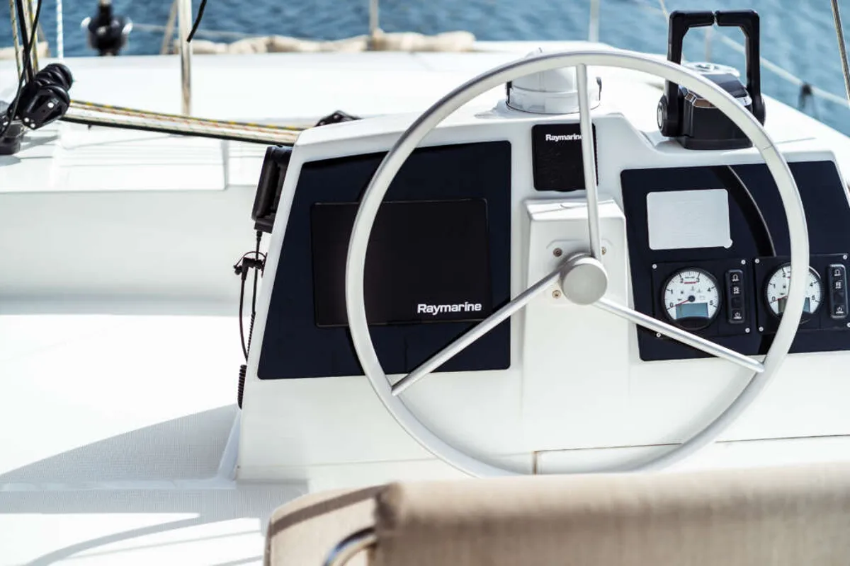 Cockpit of Arianna, a Bali 4.8 catamaran at Olbia, Italy
