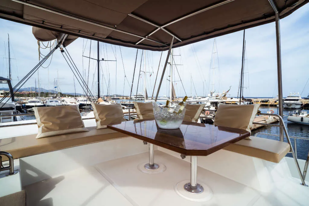 Deck of Arianna, a Bali 4.8 catamaran at Olbia, Italy