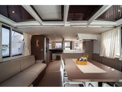 Salon of Arianna, a Bali 4.8 catamaran at Olbia, Italy
