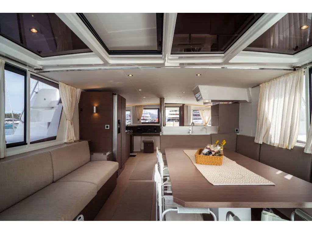 Salon of Arianna, a Bali 4.8 catamaran at Olbia, Italy