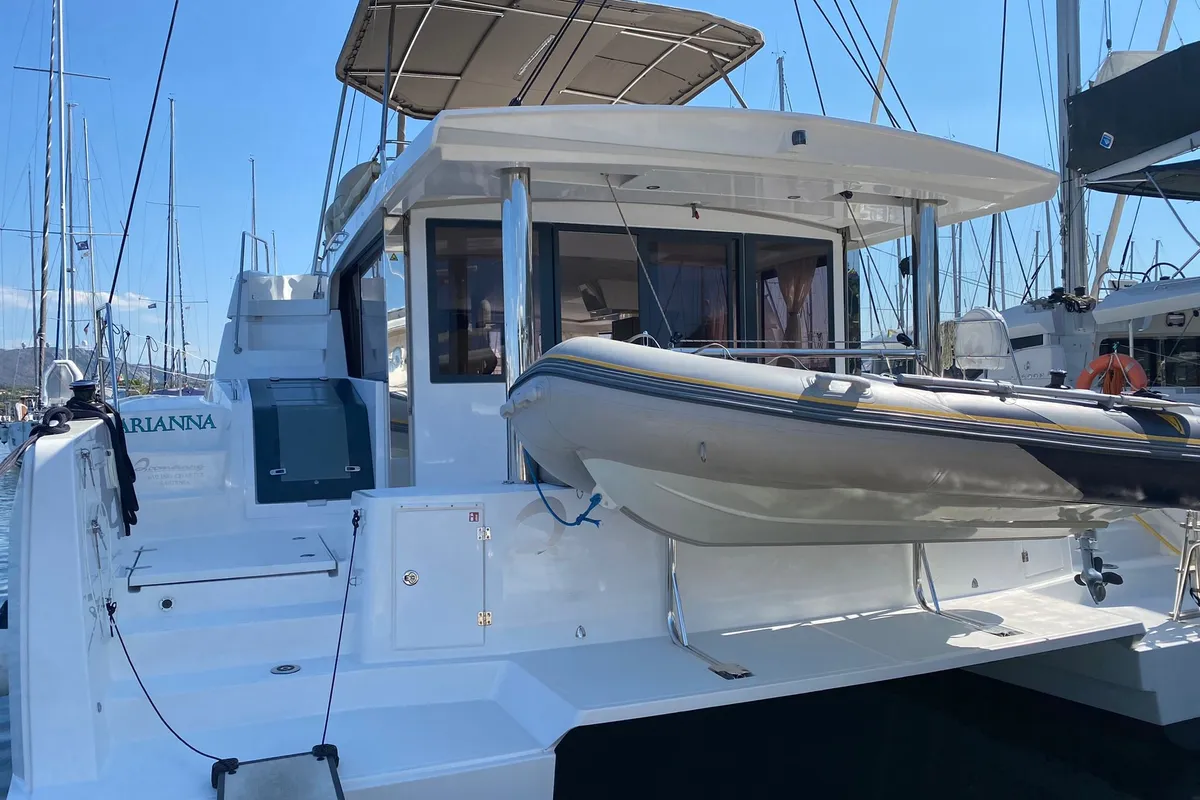 Exterior view of Arianna, a Bali 4.8 catamaran at Olbia, Italy