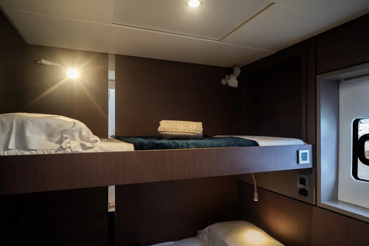 Cabin on Arianna, a Bali 4.8 catamaran at Olbia, Italy