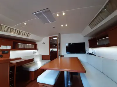 Salon of Storm Dancer 1, a Beneteau Oceanis 45 sailboat at Marmaris, Turkey