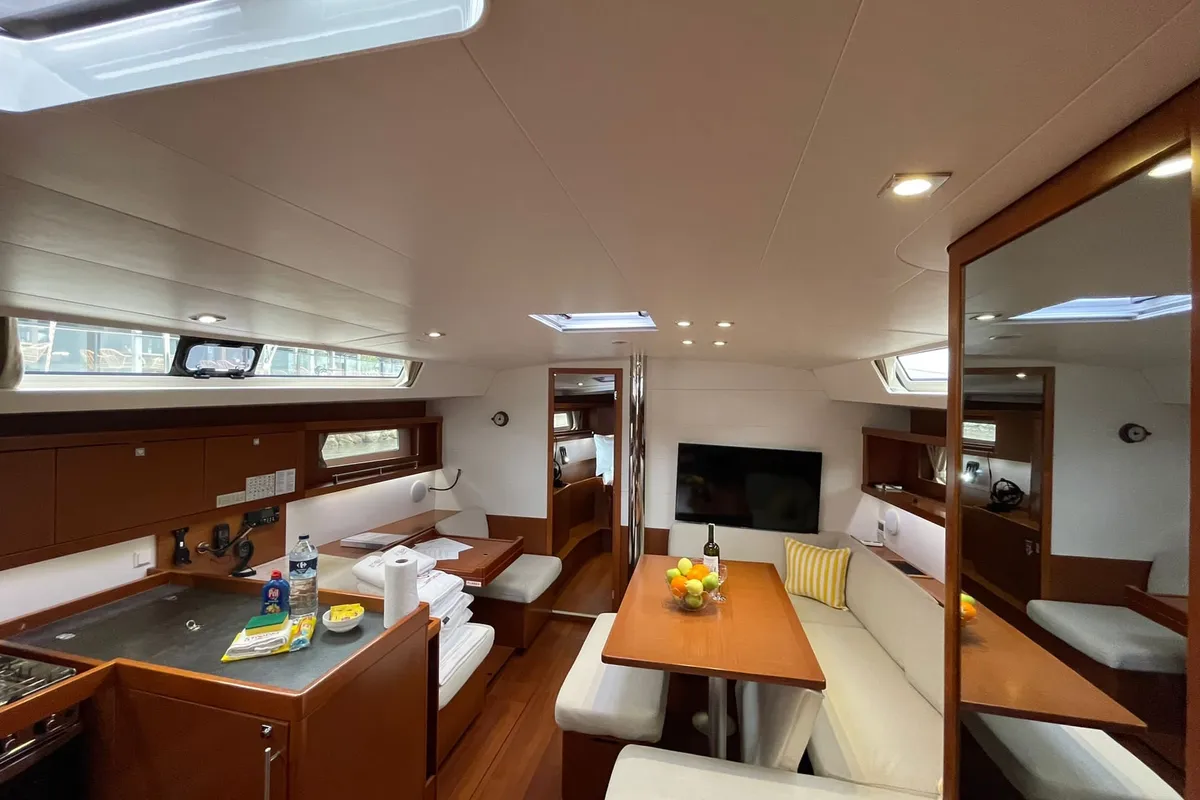 Galley of Storm Dancer 1, a Beneteau Oceanis 45 sailboat at Marmaris, Turkey