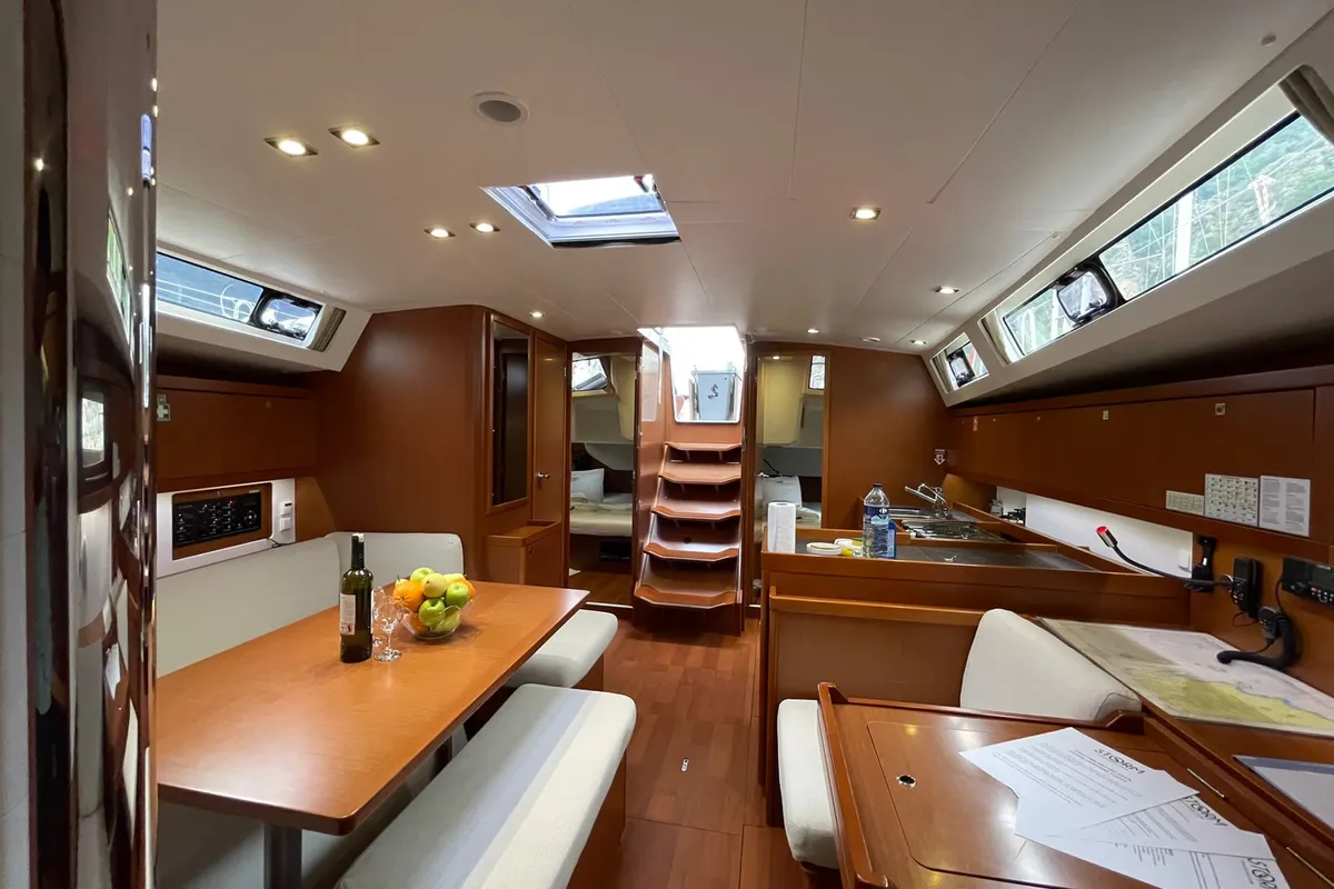 Salon of Storm Dancer 1, a Beneteau Oceanis 45 sailboat at Marmaris, Turkey