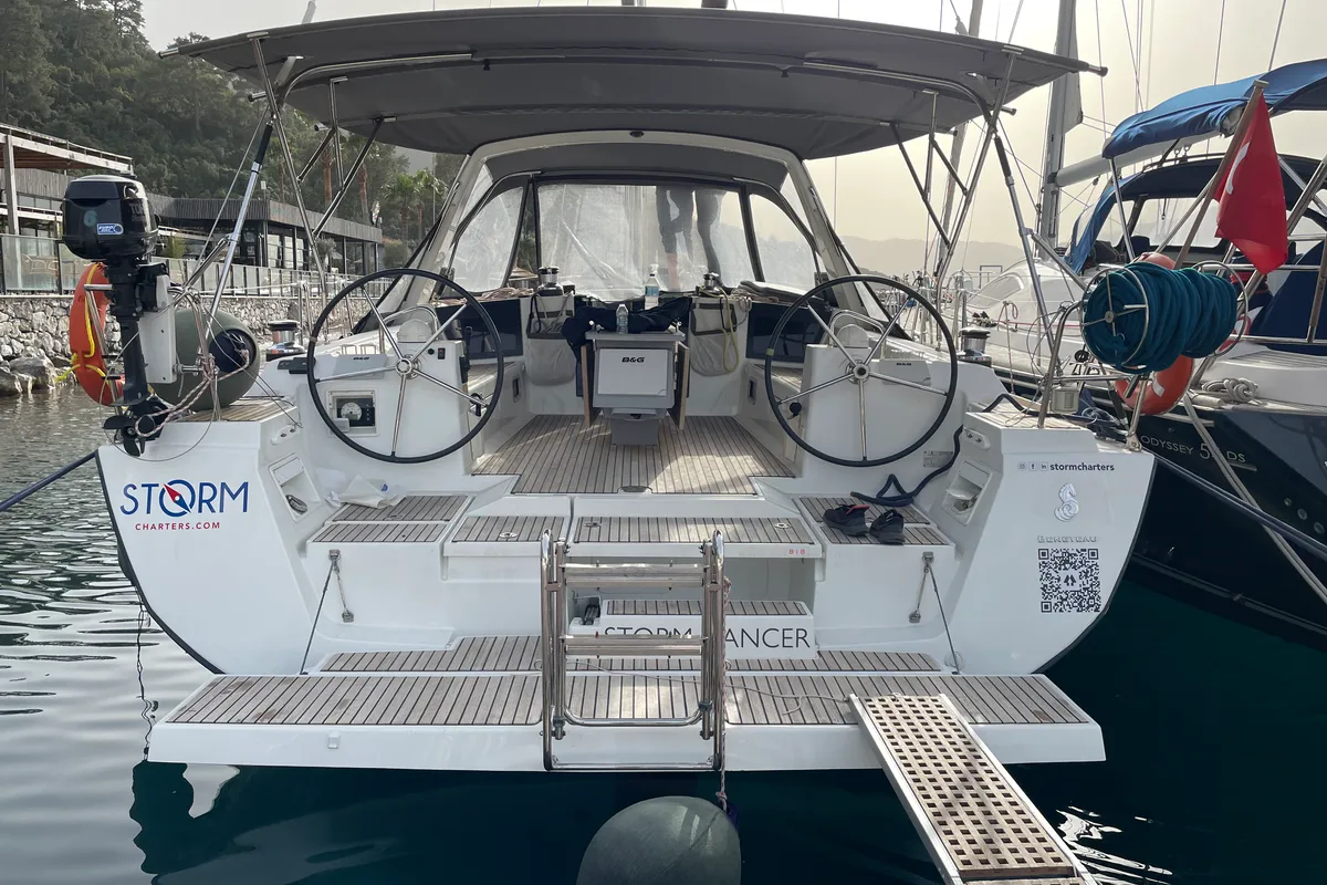 Exterior view of Storm Dancer 1, a Beneteau Oceanis 45 sailboat at Marmaris, Turkey