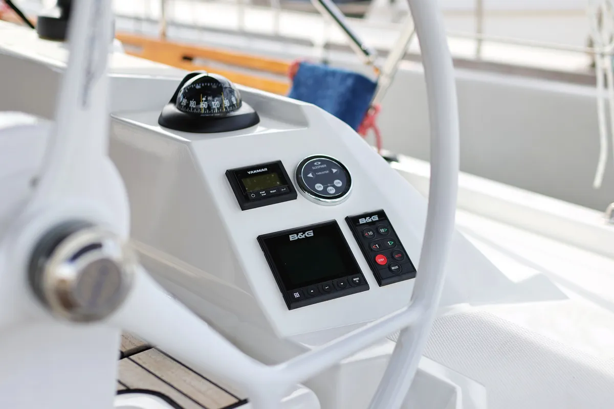 Cockpit of Levente, a Bavaria C42 sailboat at Grad Vodice, Croatia
