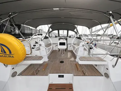 Deck of Levente, a Bavaria C42 sailboat at Grad Vodice, Croatia