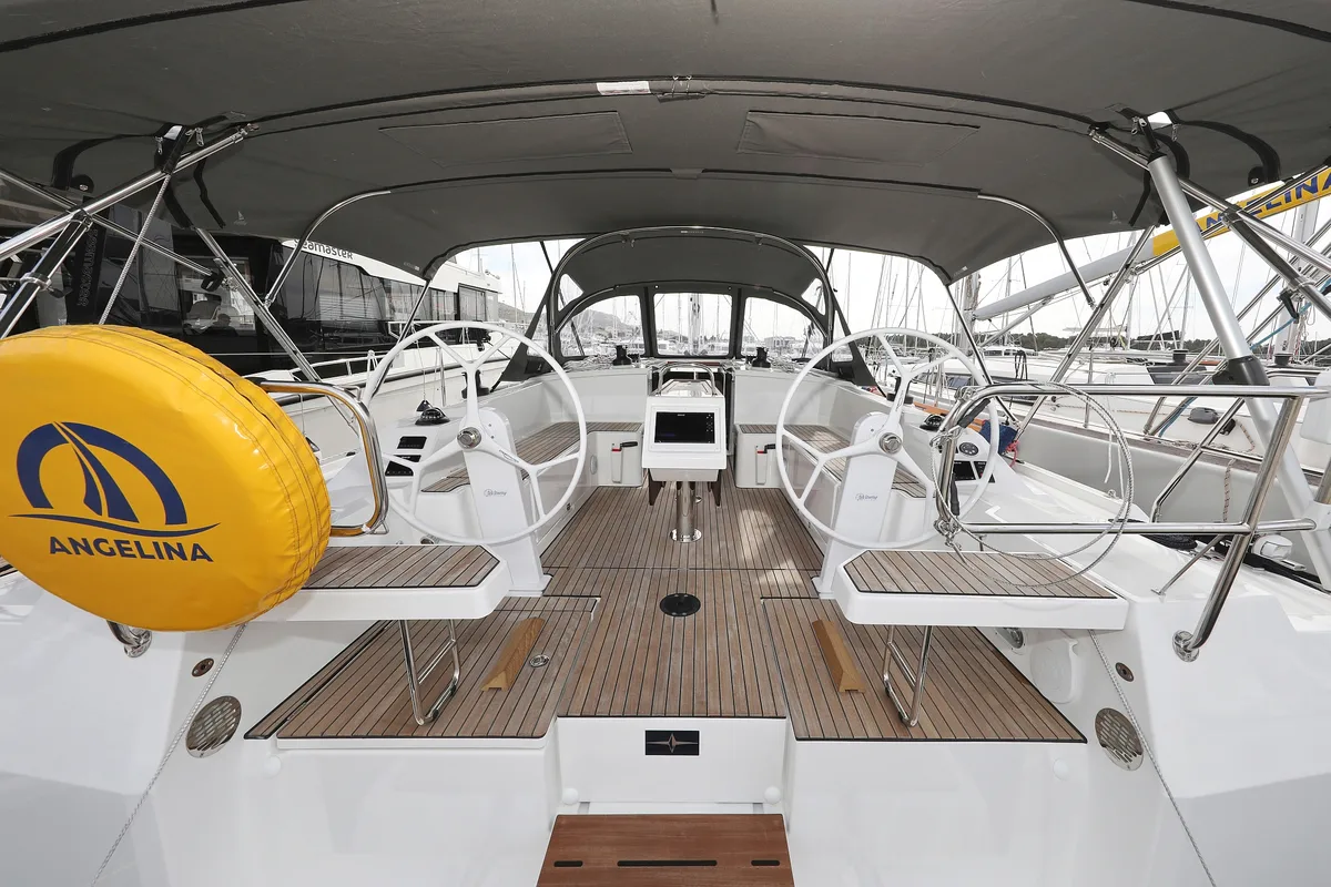 Deck of Levente, a Bavaria C42 sailboat at Grad Vodice, Croatia