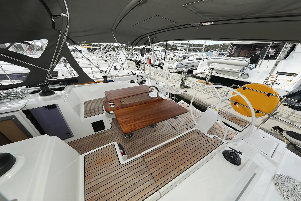 Deck of Levente, a Bavaria C42 sailboat at Grad Vodice, Croatia