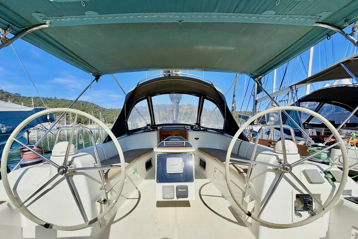 Cockpit of Classic, a Beneteau Oceanis 40 sailboat at Fethiye, Turkey