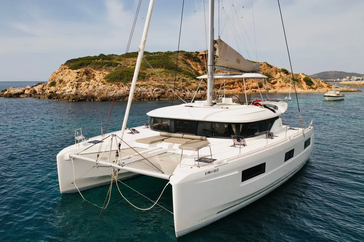 Exterior view of Machango, a Lagoon 46 catamaran at es Jonquet, Spain