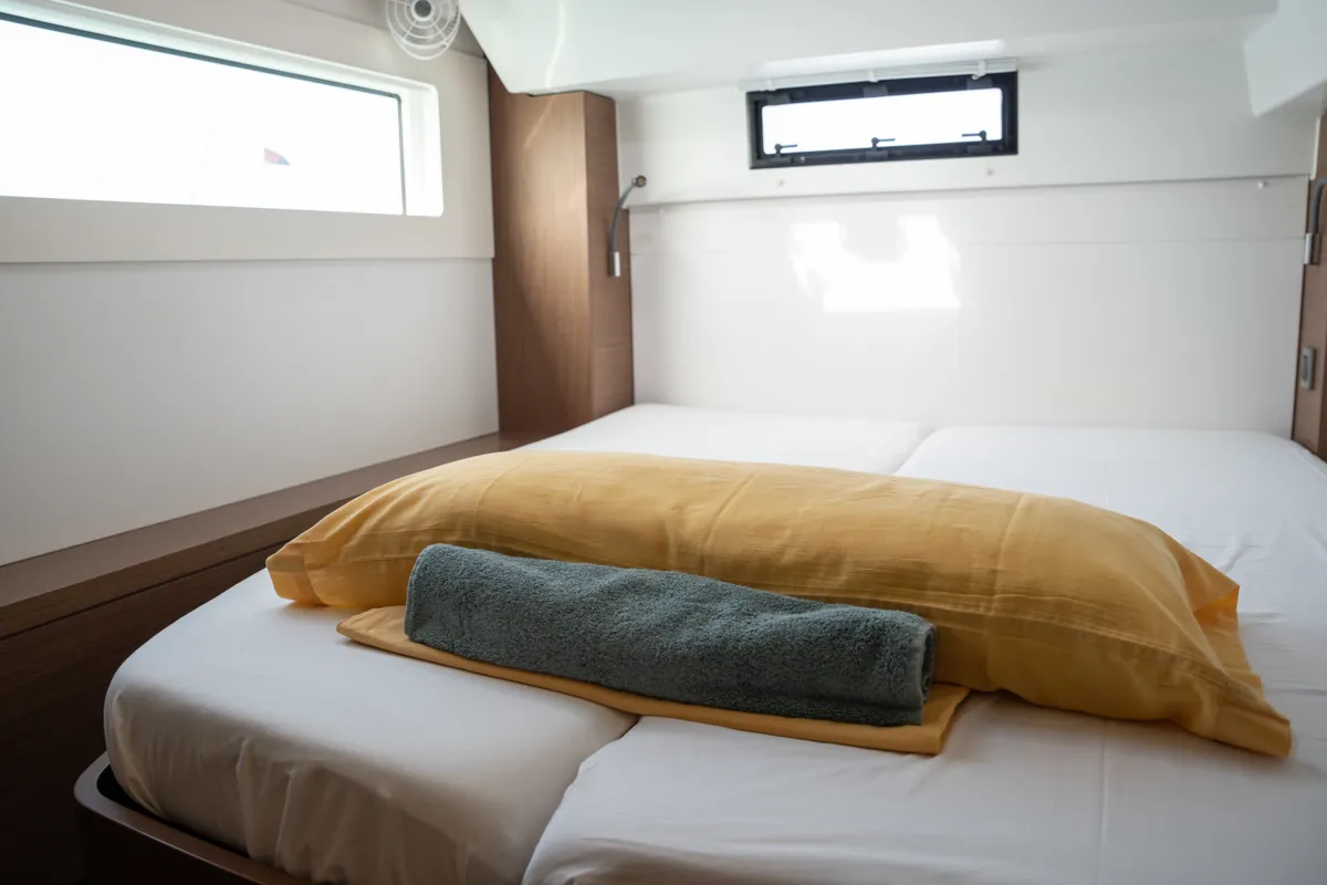 Cabin on Machango, a Lagoon 46 catamaran at es Jonquet, Spain