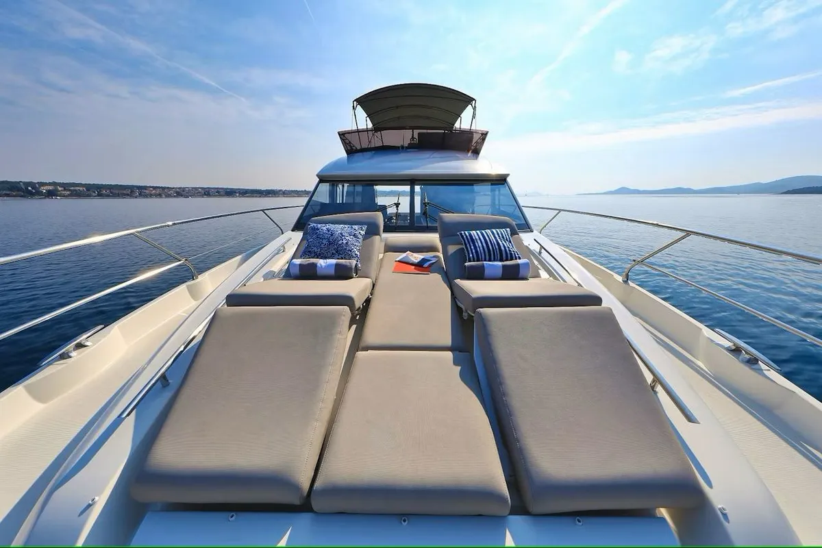 Deck of Medusa, a Jeanneau Prestige 520 Flybridge motor yacht at Split, Croatia