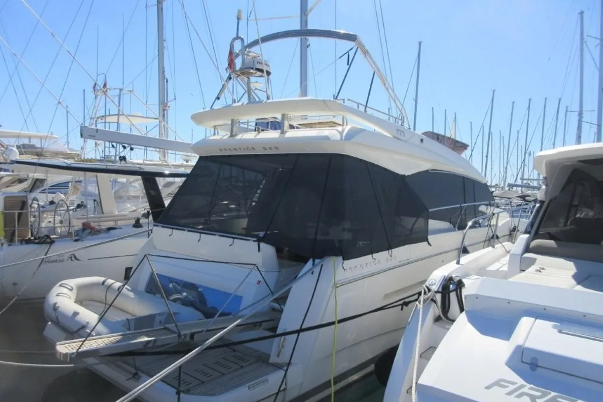 Exterior view of Medusa, a Jeanneau Prestige 520 Flybridge motor yacht at Split, Croatia