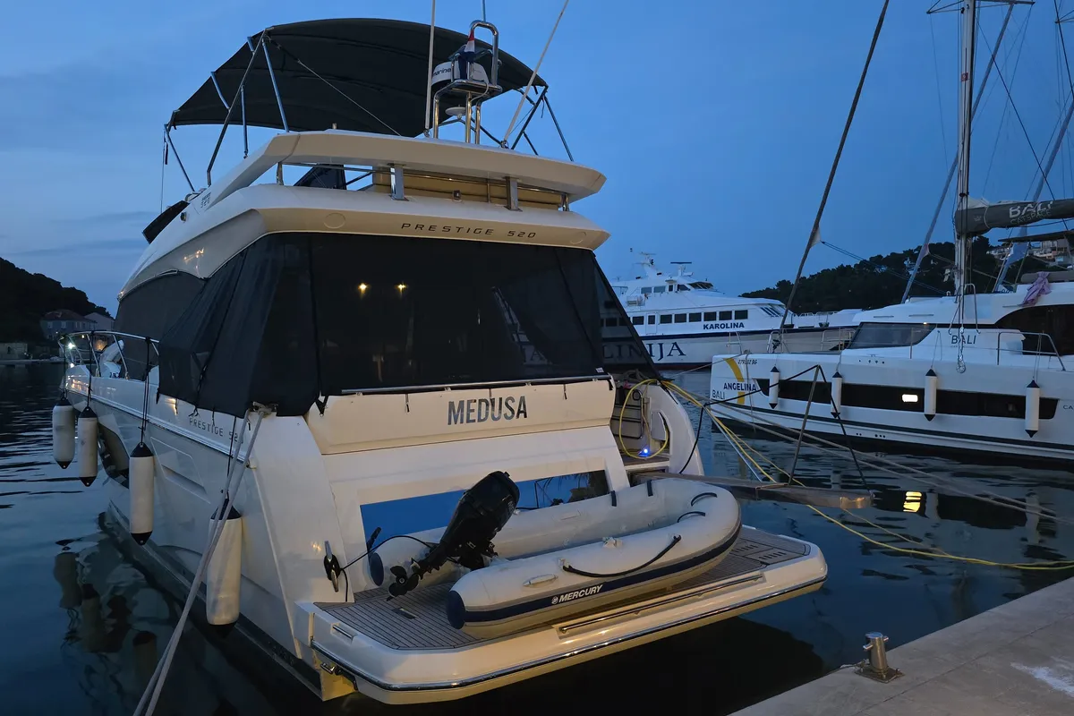 Exterior view of Medusa, a Jeanneau Prestige 520 Flybridge motor yacht at Split, Croatia
