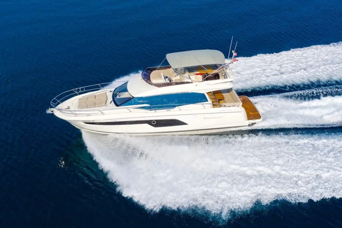 Exterior view of Medusa, a Jeanneau Prestige 520 Flybridge motor yacht at Split, Croatia